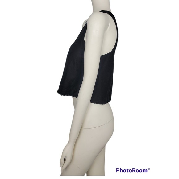 Aritzia Wilfred Black Octave Linen Tank Top Crop Blouse Fray Raw Hem Keyhole XXS - Picture 6 of 12